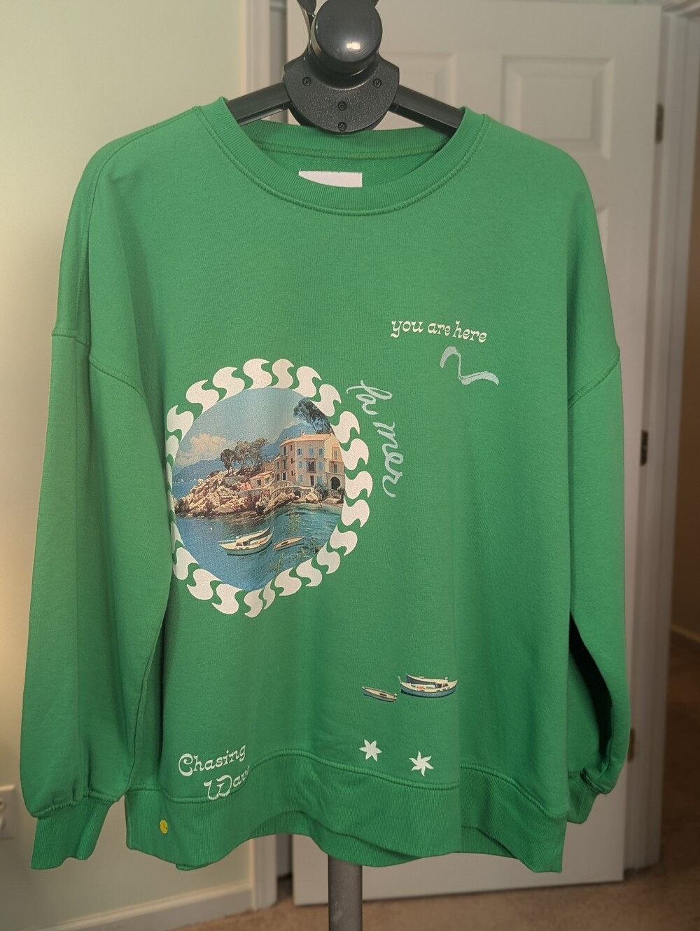 Anthropologie Celandine Chasing Waves Coastal Graphic Sweatshirt Green S/M